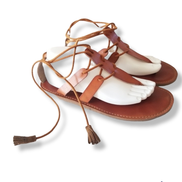 American Eagle Outfitters Shoes - American Eagle Strappy Ankle Wrap Sandals 10 Brown Leather Tassels